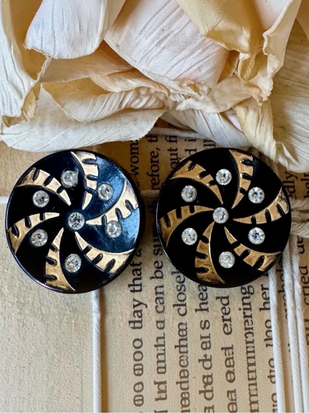 Vintage Earrings Black Enamel Round with Rhinestones and Gold Pinwheel Accents